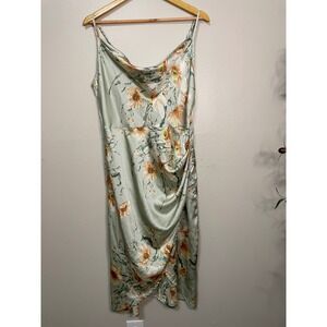 Draped Neck Satin Sage Floral Dress Front Split XXL